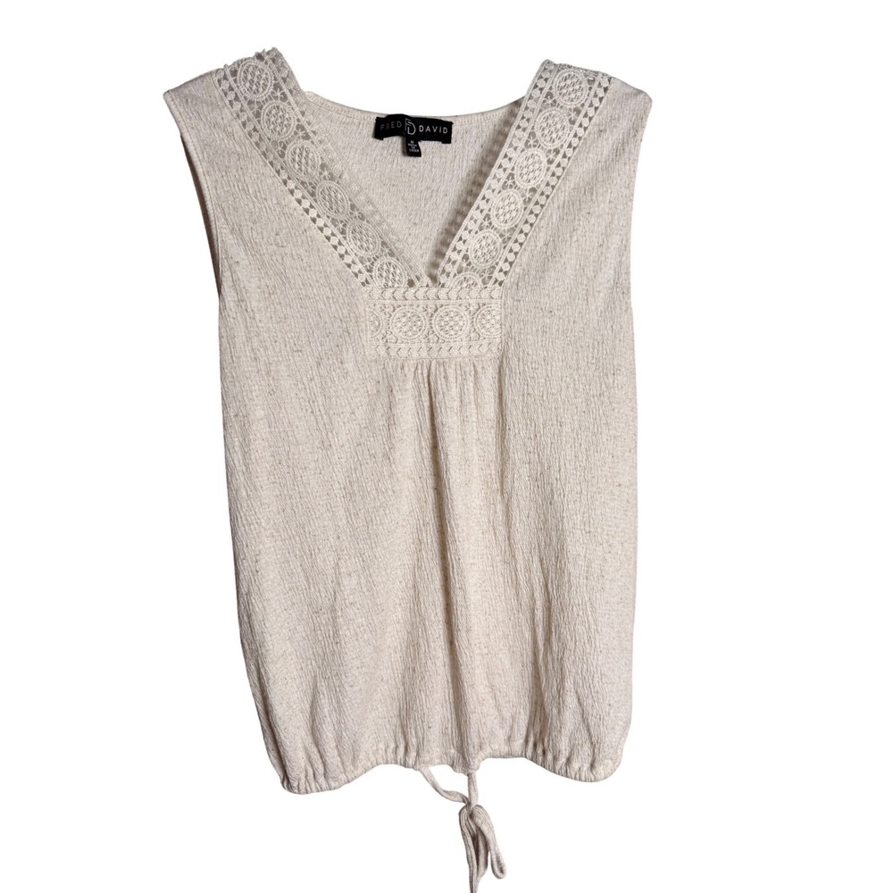 Fred David Sleeveless Blouse Womens Medium Beige Linen Blend Crochet CS14738RM